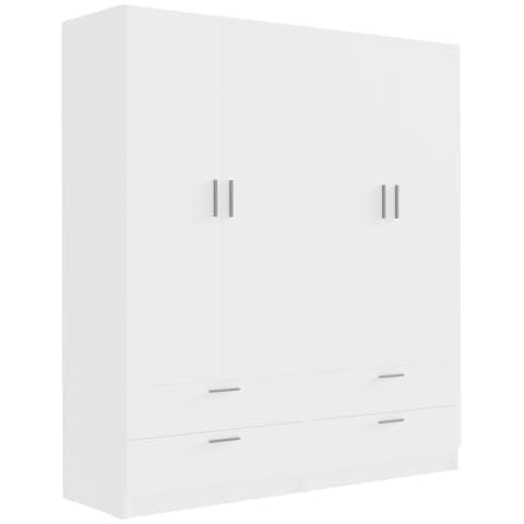 Madesa 4 Doors 4 Drawers Storage Cabinet Wardrobe with Shelves and Hanging Space 63" L Wooden Armoire Closet Organization Unit for Bedroom and Office - White Cover