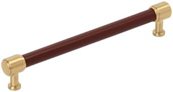 Signature Hardware 954066-7916 Lazzara 7-9/16 Inch Center to Center Brown Leather Bar Cabinet Pull - Champagne Bronze