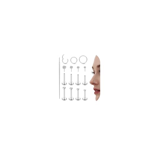 CASSIECA 12Pcs Piercing Labret Acero Quirurgico Piercing Nariz Piercing Oreja para Mujer Hombre Piercing Tragus Helix Labio con Circonita Cúbica Cartílago Monroe Piercing Joyería Plata 18G