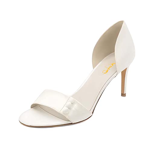 XYD Women Stiletto D' Orsay High Heel with Cute Buttons Open Toe Satin Slip On Dress Shoes Concise Pumps for Ladies Wedding Bridal Party