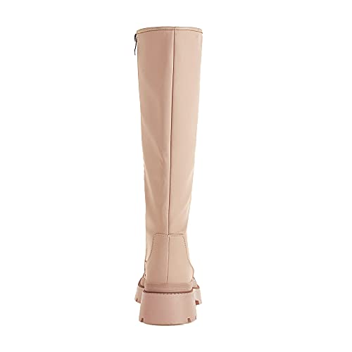Vivianly Womens Knee High Boots Round Toe Low Chunky Block Heel Long Boots With Side Zipper Size 8 Beige #TOP3