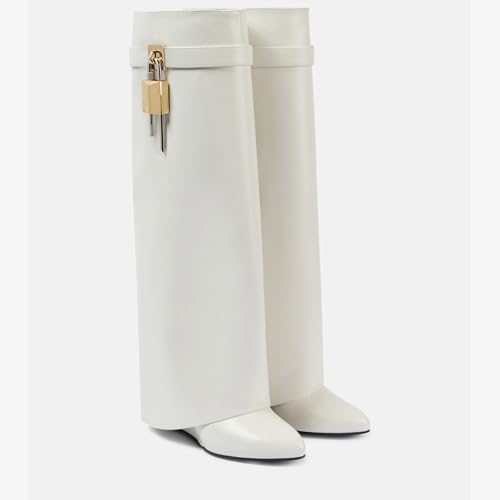 Image of Arqa Knee High Boots Womens Wedge High Heels Shark Boots Fold Over Pull-on Pointed Toe Tall Fashion Boots for Women