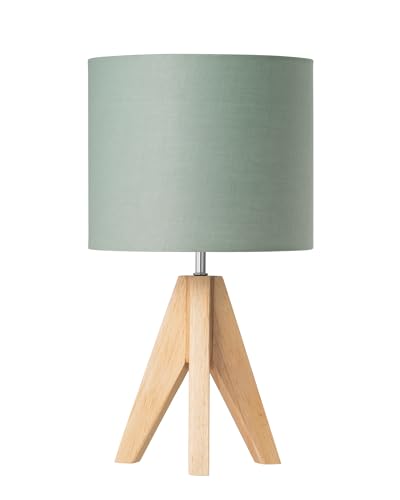 EDISHINE 36cm Bedside Lamp, Wood Tripod Table Lamp with Bean Green Linen Lampshade, ON/Off Switch, Desk Lamp for Living Room Bedroom, E27 Base, 2700K LED Bulb Included