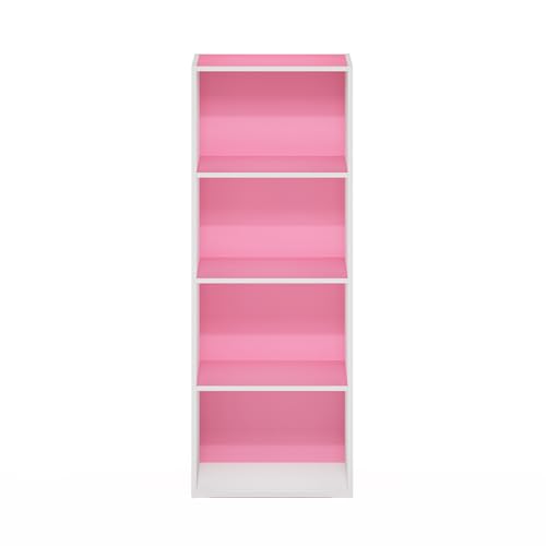 Furinno LUDER Book Shelf, 4-Tier Bookshelf, Bookcase with Open Shelf, 9.3 x 15.6 x 41.7, for Living Room, Bedroom, Home Office, Pink/White
