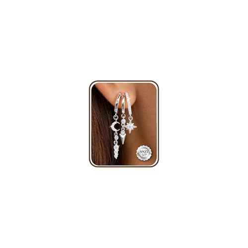 CASSIECA Boucles d'Oreilles Femme Argent 925 Boucles d'Oreilles Pendantes Lune et Etoile Triple Créoles Faux Piercing Multiple Boucle d'Oreille Zirconium...