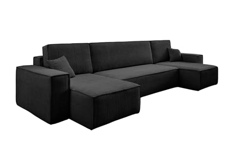 VENASI MÖBEL Hugo U-Form Ecksofa mit Schlaffunktion und Bettkasten, Sofa Eckcouch U Form Schlafsofa (Schwarz)