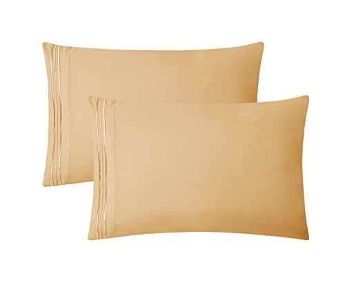 Clara Clark Pillow Cases Standard Size - Ultra Soft Pillow Cover, Lightweight Microfiber Pillow Cases Queen Size Set of 2 - Envelope Closure Pillowcases, Camel Gold.