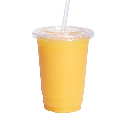 GUSTO Clear Plastic Cups with Flat Lids [10 oz - 100 Count] - Disposable Iced Coffee Cups with Lids - PET Plastic Cold Cups for Smoothies Juices & To-Go Drinks - Formerly Comfy Package