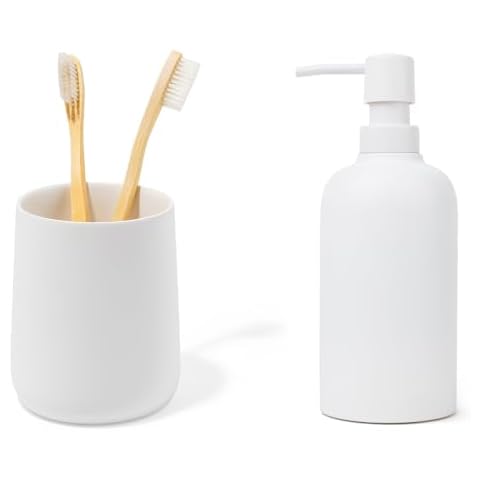 Yew Design Matte White Toothbrush and Toothpaste Holder and Cup, Round Organizer PLUS Soap Dispenser for Bathroom, 15oz Round Rustproof Liquid Hand Dish Soap Dispenser Pump BUNDLE Cover