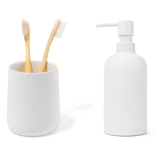 Yew Design Matte White Toothbrush and Toothpaste Holder and Cup, Round Organizer PLUS Soap Dispenser for Bathroom, 15oz Round Rustproof Liquid Hand Dish Soap Dispenser Pump BUNDLE