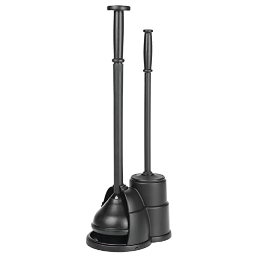 mDesign Plunger and Brush Set for Toilet Bowl - Hidden, Modern Toilet Brush and Plunger Set with Caddy - Brush Cleaner and Plunger Combo with Holder for Bathroom - Hyde Collection - Black