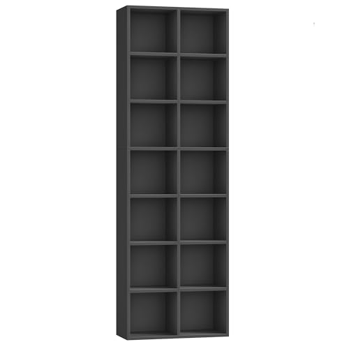 FOTOSOK 71'' Tall Bookshelf with 14 Cubes, 7 Tier Double Wide Black Bookshelf with 6 Adjustable Shelves, 19.6" Narrow Bookcase DVD/CD Media Storage, Space Saving Display Shelf Cabinet, Black