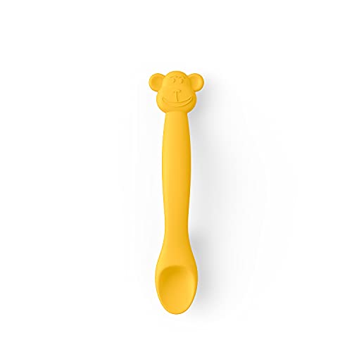 Suavinex, Cuchara de Silicona para Bebés +4 meses, Cuchara de Aprendizaje Flexible con Mango Largo. Cuchara Suave y Blanda para Encías Sensibles. Apta para lavavajillas. Diseño Mono, Amarillo