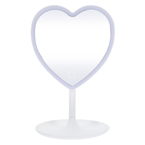 SAFIGLE Espejo de Maquillaje LED Luz Ajustable Forma de Corazón Tamaño Compacto Base Integrada Espejo Cosmético de Sobremesa para Uso Doméstico y Viaje Decoración Estética para