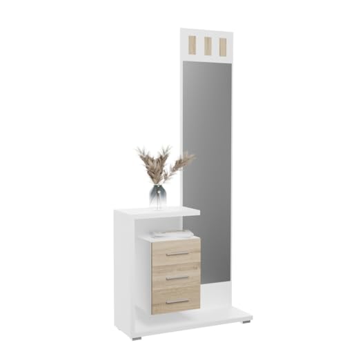 Mattfy - Mueble Recibidor Vertical, Modelo Boston, Práctico y Funcional, Color Blanco y Cambria, Medidas: 85 cm Largo x 28 cm Fondo x 190 cm Alto