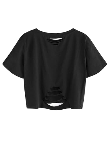 Image of Avanova Women Skull Finger Graphic Distressed Tee Shirt Ripped Short Sleeve Crop Tops