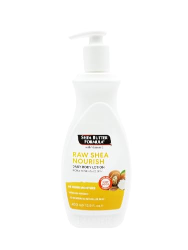 Shea Butter Formula Raw Shea Nourish Body Lotion 400ml Deep Moisturising with Vitamin E | 48H Hydration for Dry Skin Softens Restores and Paraben-Free with KRISP Cosmetic Spatula