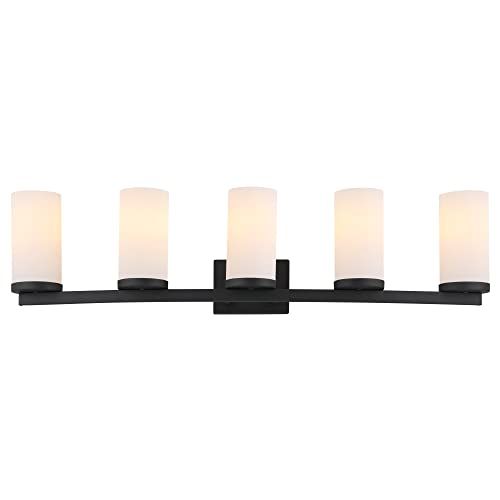 Image of Design House Desta Vanity Light, 5-Light, Curved Bar Design, Frosted Glass Glow, Dimmable, Up /Down Mountable, E26 Socket, Black, 38.6 in L x 6.9 in W x 9.5 in H,589176-BLK