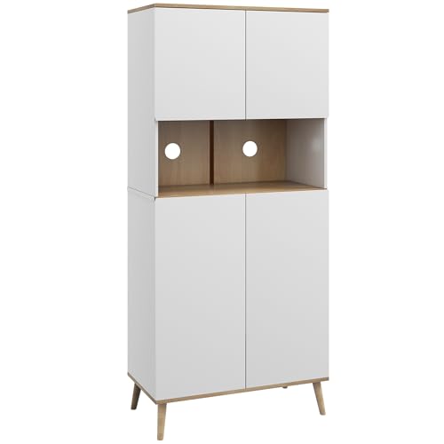 HOMCOM Alacena de Cocina Mueble Auxiliar de Cocina con 4 Puertas y Encimera para Microondas, Estantes Regulables, Orificio para Cable, Patas de Madera, Estilo Moderno, 80x40x178 cm Blanco