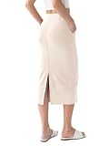 ODODOS Modal Soft Midi Skirt for Women Back Slit High Waist Casual Long Pencil Skirts with Pockets, Beige, Medium