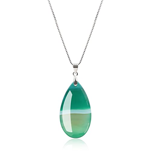 COAI Collar de Plata de Ley 925 para Mujer con Colgante Lágrima de Ágata Verde Rayada Piedra Natural