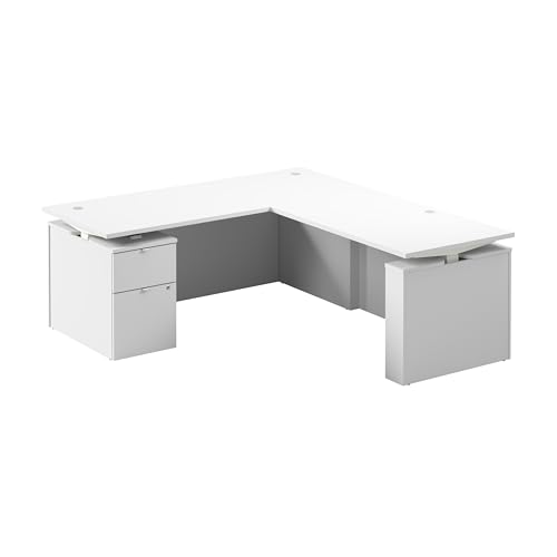 Image of Bush Business Furniture 72-inch Height Adjustable L Shaped Standing Desk with File Cabinet, Ergonomic Sit-Stand Computer Table for Office, Stratus Collection, White with White Base