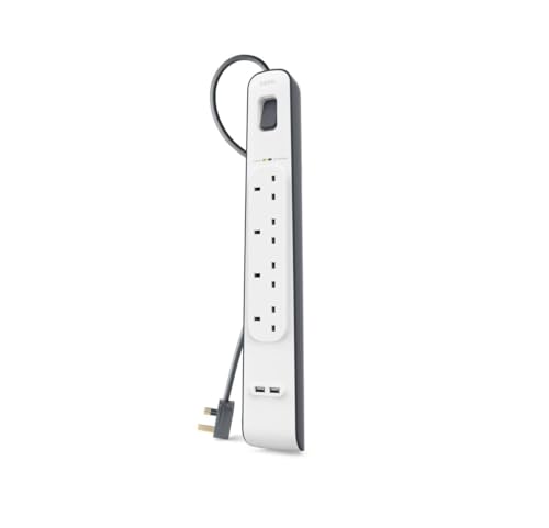 Belkin BSV401af2M 4ウェイ/ 4プラグサージ保護エクステンションリードストリップ（2 x 2.4 A共有USB充電ポート付き）、2 mケーブル - ホワイト（Amazon）