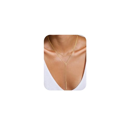 Yoosteel Lariat Necklace for Women - Dainty 14K-Gold-Plated Bar Pendant Necklaces Layered Long...