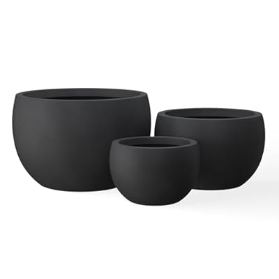 Kante 19.9",15.7",11.8" Dia Round Concrete Planter Set of 3, Outdoor/Indoor Large Bowl Plant Pots with Drainage Hole and Rubber Plug for Garden Patio Balcony Home, Black