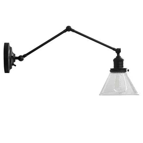 Image of Design House Augustin Wall Sconce, 1-Light, 3-Point Swing Arm, Seeded Glass Glow, Hardwire /Plug-in Easy Installation, On /Off Backplate, E26 Socket, Black, 7.9 in L x 17.3 in W x 38.6 in H, 589077-BLK | Adjustable Swing Arm, Adjustable, Wall Mount, Contemporary /Modern, Steel, Lighting, 589077-BLK