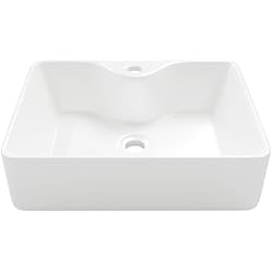 Fregadero Porcelanico Fregadero rectangular con orificio para grifo, lavabo de baño con encimera de cerámica Eridanus, lavabo de porcelana vítrea para lavabo, baño, tocador, blanco brillante - 490 x 370 x 140 mm