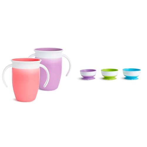 Image of Munchkin® Miracle® 360 Trainer Sippy Cup with Handles, Spill Proof, 7 Ounce, 2 Pack, Pink/Purple & Stay Put™ Suction Bowls for Babies and Toddlers, 3 Pack, Blue/Green/Purple