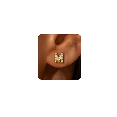 MUMREUES Gold Earrings for Women Trendy 14K Gold Plated Cubic Zirconia Initial M Letter Stud...