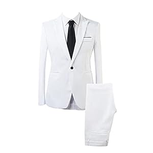 Costume d’affaires décontracté 2 pièces pour Hommes 1 Boutons Slim Fit Veste Costumes De Smoking Ensemble de Pantalon de Veste de Blazer Formel de Mariage (Blanche,L), Blanc
