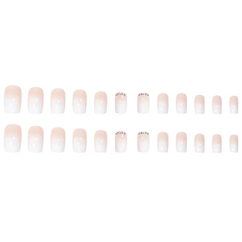 Sinsen Gradient White Press On Nails, Short Square Fake Nails, Cute French Full Cover False Nails Design With Rhinestones, Glossy Artificial Stick On Static Nails For Women&Girls Nail Decorations #TOP3