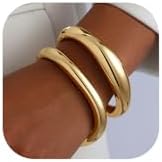 2pcs Gold Bangle Bracelets for Women, Trendy Hinged Cuff Open Wide Chunky Gold Bracelet Stack Arm Cuff Jewelry for Women