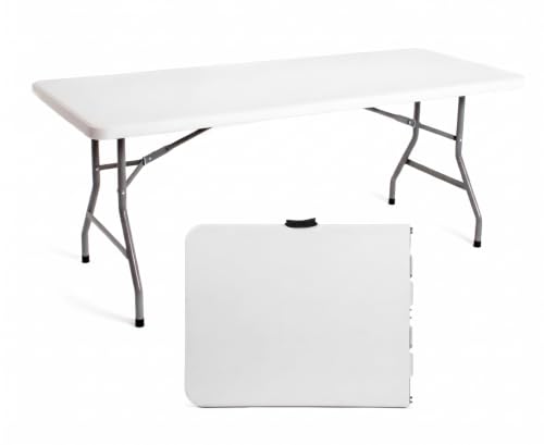 REQUISITE NEEDS Heavy Duty 6ft Folding Trestle Table Plastic for Garden Patio BBQ Picnic Party Dining Camping Catering Market White with Carrying Handle