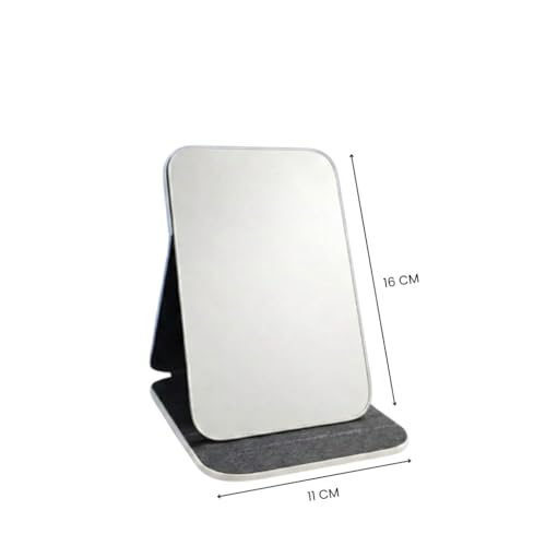 Image of Foldable PU Leather Makeup Mirror for Women, Clear Frameless Travel Vanity Mirror with Stand, Portable Desk Dressing Mirror for Makeup, & Office Use, Crocodile Texture Design 16 x 11 cm(Blue)