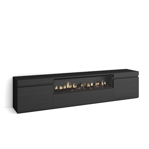 Skraut Home | Mueble TV | Televisión | Muebles de salón, almacenaje | 200x45x35cm | para TV hasta 80' | Chimenea eléctrica | Estilo Moderno | Negro