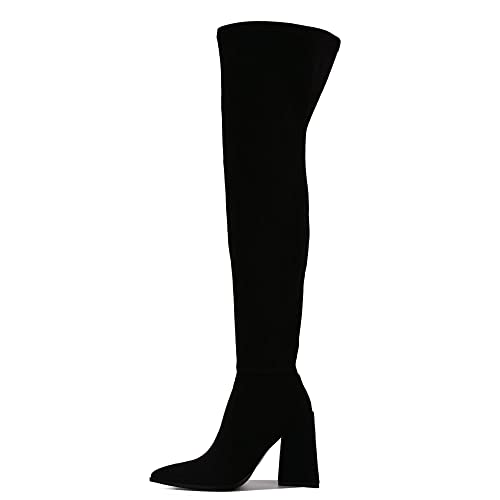 Cape Robbin Scipio Faux Suede Thigh High Over The Knee Boots, Pointed Toe Chunky Block Heel, Fashion Dress Boots for Women - Black Size 8