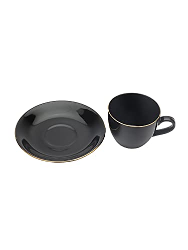 Image of Clay Craft Fine Ceramic Cup and Saucer Set of 12 (6 Cups + 6 Saucers) Solid Black Color with Gold Line Gift to Your Loved Ones on Any Occassions., Medium (CC-CS12-CREAM-BLACK+GL)