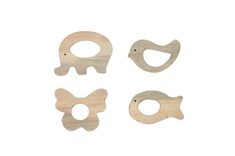 CASA BAMBINI Wooden Bird, Butterfly, Elephant, Fish Pack of 4, Safe and Durable for Baby/Kids | Color - Neem