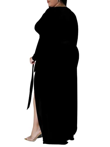 Image of PinkPatty Women's Plus Size Long Sleeve Maxi Dress Casual V Neck Slit Tie Waist Wrap Dresses for Party Cocktail