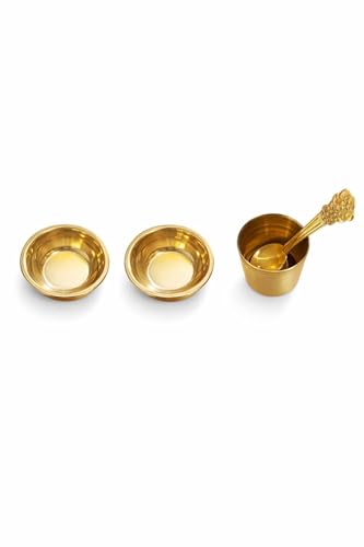 Image of CyberKavish Brass Puja Bhog Thali Bartan Set for Kanha /Laddu Gopal, 5 Pieces, 5 Inch /12 cm Diameter, Golden Finish, Traditional Design