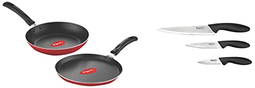 Pigeon Aluminium Duo Pack Flat Tawa 250 and Fry Pan 200 Gift Set (Red) Basics Induction Base Aluminium Cookware Set & Pigeon by Stovekraft Kitchen Knives Set, 3-Pieces, Multicolor