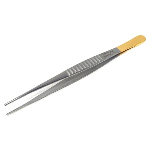 Debakey Artery Forceps Stainless Steel Thumb Tissue Tweezers with Fine Longitudinal Serrated Narrow Tips Comes in Gold Handle (6 Inch)
