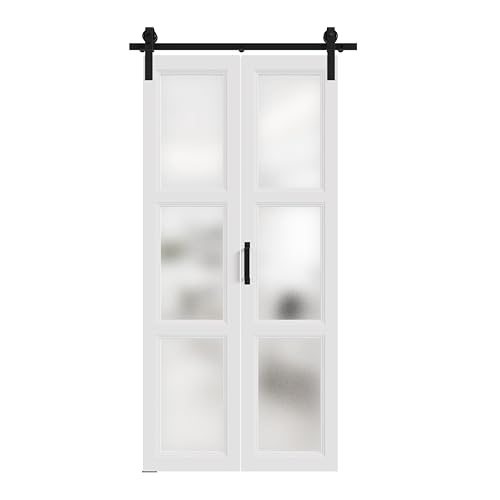 Puerta Bifold Granero 36in x 84in con 3 paneles de vidrio templado esmerilado y kit de herrajes para clóset, puerta corrediza con riel de 3.3 pies, fácil montaje miniatura 3