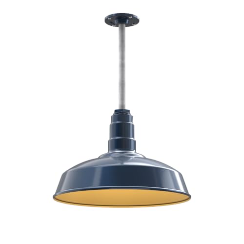 Image of Steel Lighting Co. Carson Barn Light | Ceiling Mounted Pendant | 16 inch Dome | 12 inch Galvanized Stem | Industrial Style Steel Light Made in America | Gray Blue Exterior /Brass Interior