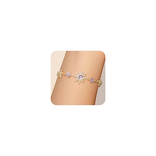 Gold Silver Sun Colorful Birth Stone Flower Link Bracelet for Woman, Adjustable CZ Rhinestone Star Box Chain Bracelets Prom Jewelry Accessories Gift