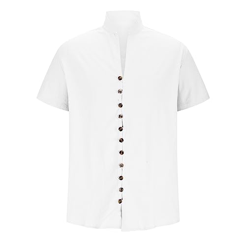 Cotton Linen Shirt Short Sleeve Button up Loose Fit Vintage Shirts Banded Collar High Elastic Tops Henley Shirt4